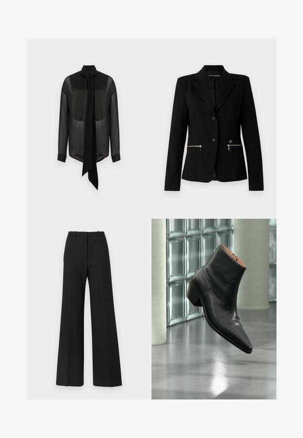 Blazer negro ajustado con cierre de un solo botón, bolsillos con cremallera plateados y un diseño elegante. Fabricado con una tela suave y resistente.; Blusa de gasa negra con lazo largo, cuello alto y mangas largas. Textura transparente con puños negros sólidos y dobladillo redondeado.; Pantalones de pierna ancha negros con un diseño a medida, que presentan una textura suave y sutiles plisados en la parte frontal. Sin herrajes ni patrones visibles.; Botín de piel negra con puntera puntiaguda y tacón cuadrado que levita sobre un suelo gris reflectante cerca de una pared de bloques de cristal.