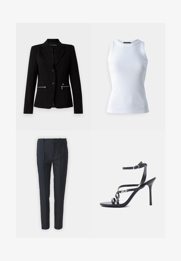 Blazer negro ajustado con cierre de un solo botón, bolsillos con cremallera plateados y un diseño elegante. Fabricado con una tela suave y resistente.; Top sin mangas blanco hecho de tela acanalada, con un escote redondo y una silueta ajustada. Textura suave, sin patrones ni acentos visibles.; Pantalones de corte ajustado en azul marino con una textura suave, que presentan pliegues frontales, pasadores para cinturón y un diseño de pierna recta, fabricados con un tejido ligero.; Sandalia negra de tacón alto con tiras finas, hebilla en el tobillo y detalle de logo metálico en la tira lateral, sobre un fondo blanco.