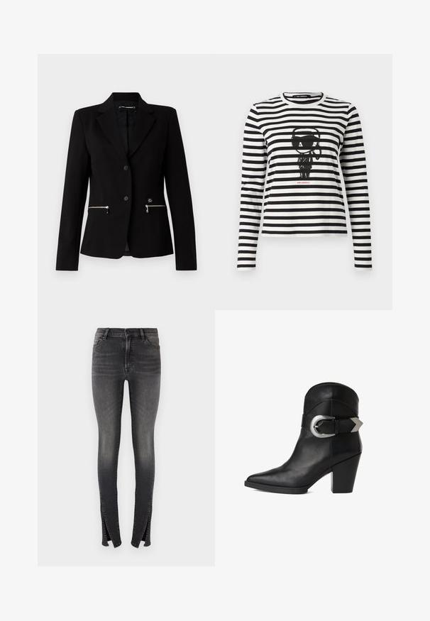 Schwarzer taillierter Blazer mit einem Ein-Knopf-Verschluss, silbernen Reißverschlusstaschen und einem eleganten Design. Hergestellt aus einem glatten, robusten Stoff.; Langärmliges, gestreiftes T-Shirt aus schwarzer und weißer Baumwolle. Mit einem zentralen Grafikdesign eines Charakters, der Sonnenbrillen trägt, und dem Text "Karl Lagerfeld" darunter.; Schlanke Jeans aus dunkelgrauem Denim, mit hoher Taille, Vorderseiten-Taschen und einzigartigen Schlitzen an den Knöcheln für ein modernes Design.; Schwarze Leder-Stiefelette mit spitzer Zehe, klobigem Absatz und einem breiten Riemen mit einer kreisförmigen silbernen Schnalle an der Seite. Glatte Textur.