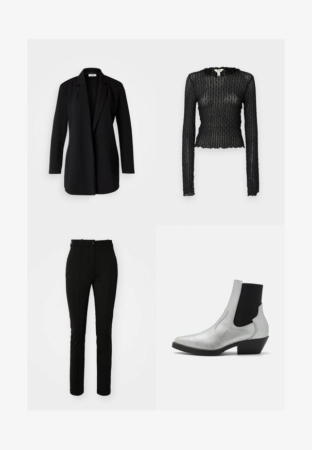 Blazer noir ajusté en tissu lisse, avec un revers cranté, des manches longues et une ouverture frontale sans boutons ni accessoires.; Haut noir à manches longues en dentelle texturée, présentant un col festonné et un design ajusté avec une silhouette courte.; Pantalons en polyester noir avec une coupe slim, devant plat et fermeture à un bouton, dotés de plis avant et sans poches visibles.; ONLY SHOES by Zalando ONLBRONCO SHORT - Bottines de cowboy / motard - silver