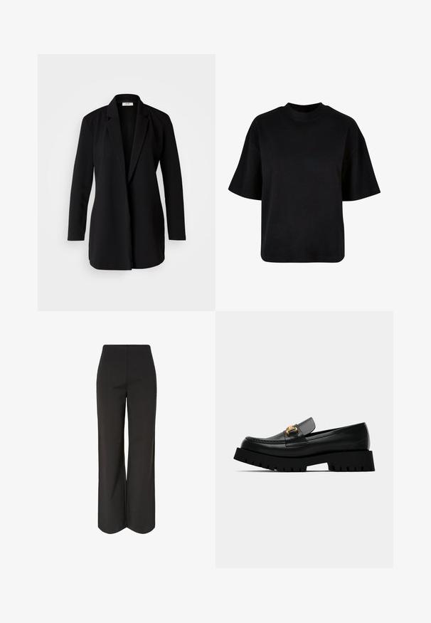 Blazer noir ajusté en tissu lisse, avec un revers cranté, des manches longues et une ouverture frontale sans boutons ni accessoires.; T-shirt en coton noir avec un col haut, des manches courtes et une coupe large et boxy, sans motifs ni accents visibles.; Pantalon noir à jambes larges en tissu lisse. Taille haute, sans attaches visibles, et un design épuré et minimaliste.; Mocassin en cuir noir avec semelle épaisse noire et détail de boucle en or à l'avant. Présente des coutures le long de l'orteil et un design épuré.