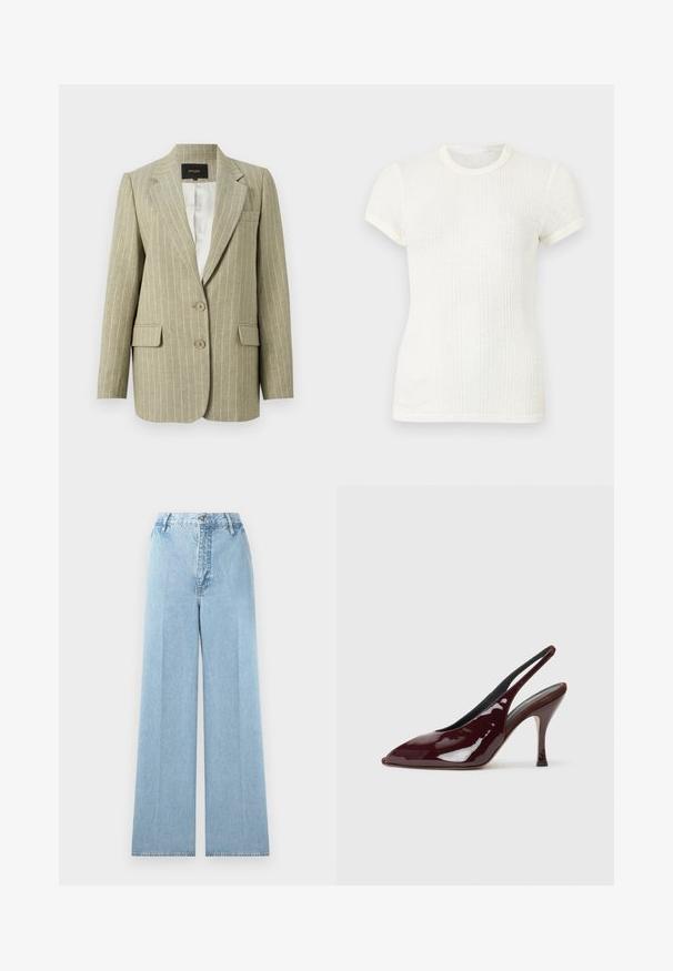 Veste beige à fines rayures pour femmes avec revers crantés, deux poches avant à rabat, poche poitrine, deux boutons, et doublure intérieure en satin blanc.; T-shirt blanc en maille côtelée à manches courtes avec col rond et manches légèrement bouffantes.; Jeans larges bleu clair en denim avec une taille haute, comprenant cinq passants de ceinture, une fermeture à bouton à l'avant et des coutures cousues.; NEOUS HAMAL - Escarpins à talons hauts - dark chocolate