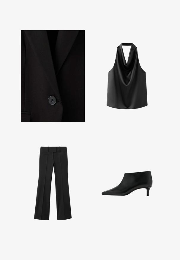 Blazer noir sur mesure avec un unique bouton noir fermé près de la taille, présentant des revers structurés et une texture de tissu lisse.; Haut sans manches noir en satin lisse, doté d'un col drapé et d'une coupe ample avec un ourlet arrondi. Pas de matériel ou de motifs visibles.; Pantalon noir à jambes larges avec une texture lisse, taille haute et deux poches latérales. Lignes épurées et design sur mesure.; Bottine en cuir noir avec bout pointu et petit talon kitten, conçue pour un port élégant et formel.