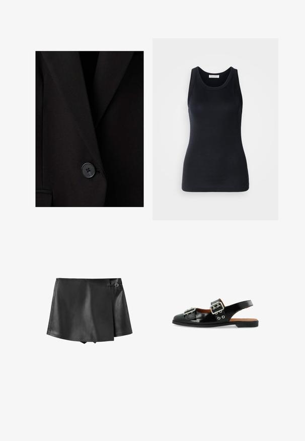 Blazer negro hecho a medida con un solo botón negro abrochado cerca de la cintura, mostrando solapas estructuradas y una textura de tela suave.; Top negro sin mangas hecho de tela suave y elástica. Presenta un escote redondo y tirantes anchos, con una silueta ajustada y una textura suave.; Mini falda negra de cuero sintético con solapa frontal superpuesta y pequeño detalle de hebilla lateral.; Zapato de charol negro tipo slingback con dos hebillas plateadas, suela plana y ojales decorativos en el costado para un detalle adicional.