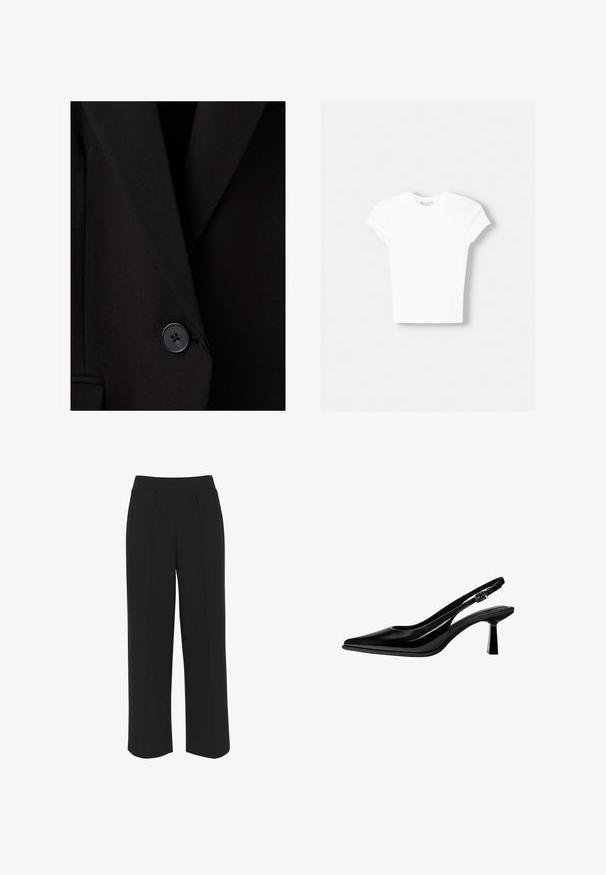Blazer noir sur mesure avec un unique bouton noir fermé près de la taille, présentant des revers structurés et une texture de tissu lisse.; T-shirt blanc à manches courtes en coton doux, avec un col rond et une coupe ajustée. Pas de motifs ni d'ornements visibles.; Pantalons larges noirs avec une taille plate, comportant des plis à l'avant et une texture lisse. Pas de poches ni de matériel visible.; Escarpin slingback en cuir verni noir avec bout pointu, talon bloc de hauteur moyenne et bride réglable à boucle sur fond blanc.