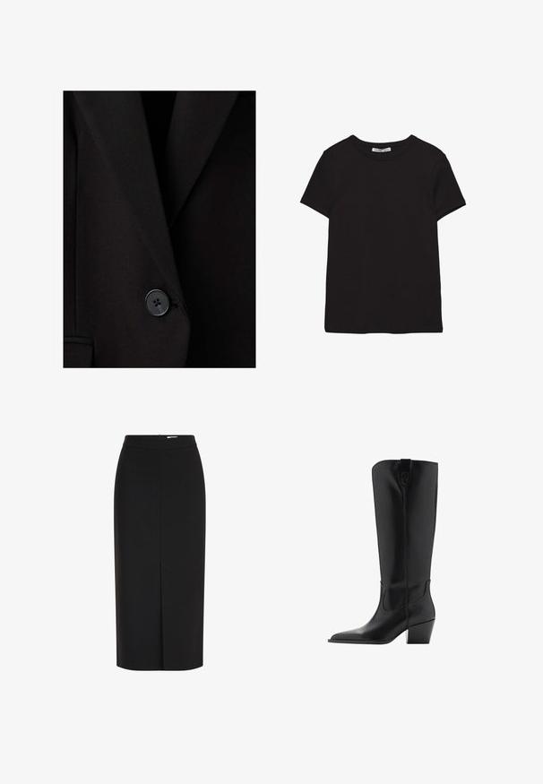 Zwarte op maat gemaakte blazer met een enkele zwarte knoop dichtgemaakt vlak bij de taille, met gestructureerde revers en een gladde stoftextuur.; Zwart katoenen T-shirt met korte mouwen, ronde hals, standaard pasvorm en zichtbaar binnenlabel in de nek.; Zwarte midi potloodrok met hoge taille, een vooraanstaande split en een verborgen rits op een witte achtergrond.; Hoge zwarte leren laars met puntige neus en middelhoog schuin hakje, met een trekbandje bovenaan de schacht.