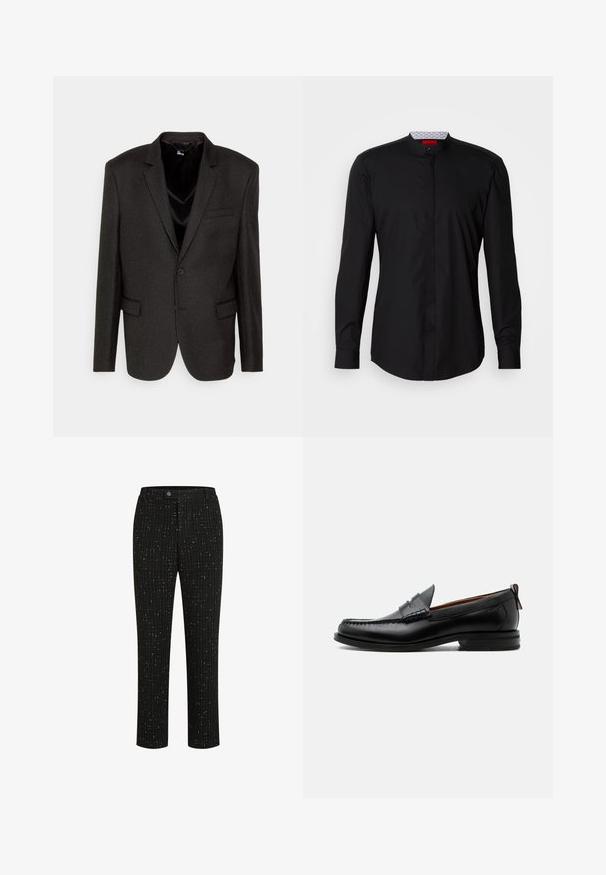 The Kooples COSTUME - Blejzrové sako - black/ecru; Čierna košeľa s dlhými rukávmi a mandarínskym golierom, vyrobená z hladkej látky, s gombíkovým zapínaním vpredu a jemnými dizajnovými detailmi.; Čierne nohavice na mieru s textúrovaným vzorom tenkých bielych vertikálnych pruhov, rovný strih a zapínanie na gombík v oblasti pásu.; Čierny kožený pánsky mokasín s prešitím moc toe, penny remienkom, textúrovaným golierom a nízkym vrstveným podpätkom na bielom pozadí.