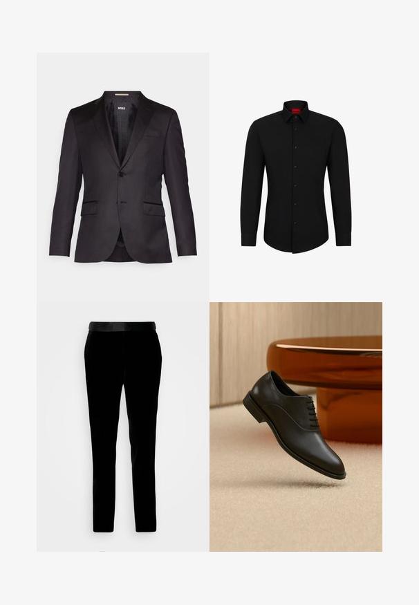 Veste de costume noire sur mesure avec une fermeture à un bouton, des revers crantés, deux poches avant et une texture lisse. Intérieur doublé avec étiquette de marque.; Chemise noire à manches longues avec un devant boutonné, col classique et ourlet arrondi ; comporte des boutons noirs et un logo rouge à l'intérieur du col.; Pantalon en velours noir à coupe ajustée, texture lisse et ceinture assortie. Il présente des jambes droites et des poches latérales.; Chaussure de costume en cuir noir poli à lacets flottant au-dessus d’un tapis beige, avec une grande table ronde en verre de couleur ambre en arrière-plan.