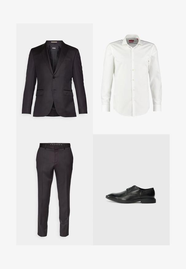 Chaqueta de traje negra a medida con cierre de un solo botón, solapas con muesca, dos bolsillos delanteros y una textura suave. Interior forrado con etiqueta de la marca.; Camisa de botones blanca de manga larga, hecha de suave algodón. Presenta un cuello clásico, una tapeta delantera limpia y puños con botones.; Pantalones negros a medida con una textura suave, diseño estructurado y pliegues en la parte delantera. Presentan una pierna recta y una cintura ajustada.; Zapato de vestir negro de cuero con una textura suave, punta afilada, diseño de cordones con seis ojales y un tacón rectangular bajo. Detalle de marca sutil en el lateral.