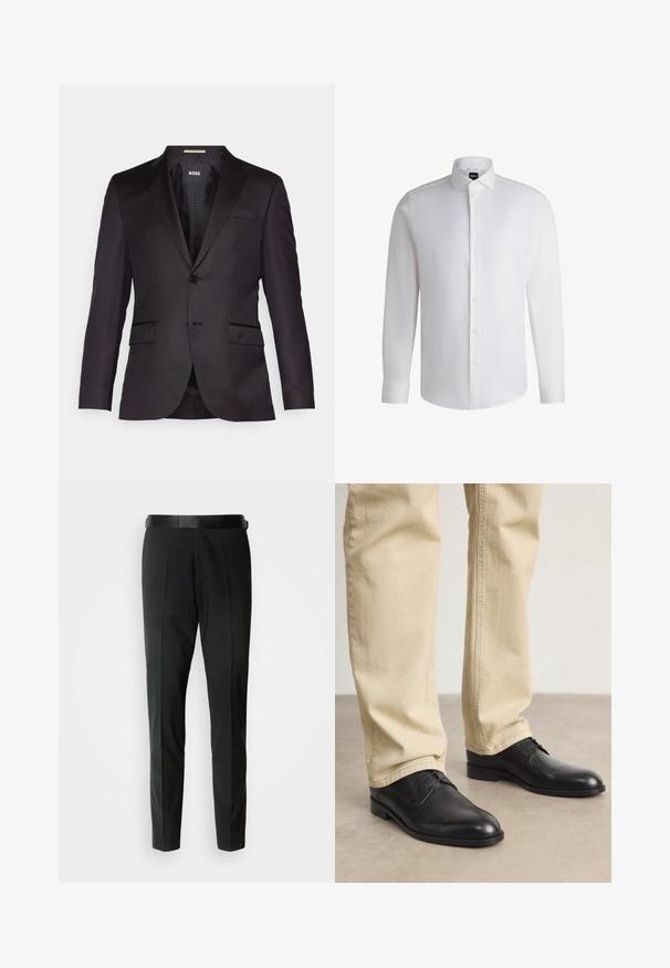 Veste de costume noire sur mesure avec une fermeture à un bouton, des revers crantés, deux poches avant et une texture lisse. Intérieur doublé avec étiquette de marque.; Chemise blanche à manches longues en coton lisse, dotée d'un col classique, d'une patte de boutonnage complète et de poignets à bouton. Design minimaliste.; Pantalon noir sur mesure avec une texture lisse, doté d'un devant plat, de plis subtils et d'une fine ceinture noire.; Chaussures noires en cuir à lacets avec un bout arrondi, finition lisse et détails de couture subtils, portées avec un pantalon beige clair.