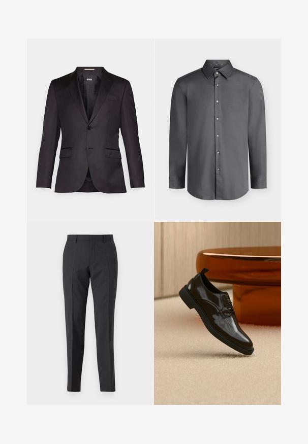 Veste de costume noire sur mesure avec une fermeture à un bouton, des revers crantés, deux poches avant et une texture lisse. Intérieur doublé avec étiquette de marque.; Chemise habillée pour homme à manches longues gris foncé avec col pointu et boutons à l'avant, affichée sur un fond gris clair.; Pantalons taillés gris foncé avec une coupe droite, dotés de poches latérales et d'une texture subtile. Les fermetures comprennent une fermeture éclair et des passants de ceinture.; Chaussure habillée noire brillante en cuir à lacets flottant au-dessus d'un tapis beige avec une table ronde marron brillante en arrière-plan.