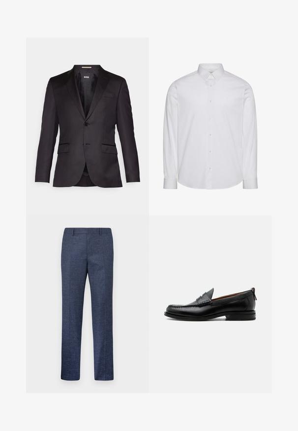 Zwarte op maat gemaakte blazer met een enkele knoopsluiting, gelomde revers, twee voorkezen en een gladde textuur. Gevoerde binnenkant met merketiket.; Witte, lange mouwen, katoenen overhemd met knopen. Voorzien van een standaardkraag, een voorste knopenlijst en een afgeronde zoom. Subtiel merklogo.; Heren rechte marineblauwe formele broek met riemlussen, voorplooi en een subtiel gestructureerd stofpatroon.; Zwarte leren herensloffen met moc toe stiksel, pennyriem, gestructureerde kraag en lage gestapelde hak op witte achtergrond.