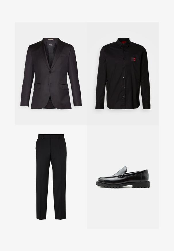 Zwarte op maat gemaakte blazer met een enkele knoopsluiting, gelomde revers, twee voorkezen en een gladde textuur. Gevoerde binnenkant met merketiket.; Zwart shirt met lange mouwen van gladde stof, voorzien van een knoopsluiting, een klassieke kraag en een klein rood merklabel op de borst.; Zwarte broek met een getailleerde pasvorm, rechte benen, riemlussen en zonder zichtbare patronen of versieringen. Klassiek ontwerp.; Zwarte leren loafer met dikke rubberen zool, gestikte bovenkant en gegraveerde merknaam op de hiel, zijaanzicht op witte achtergrond.
