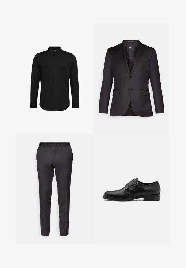 Zwarte op maat gemaakte blazer met een enkele knoopsluiting, gelomde revers, twee voorkezen en een gladde textuur. Gevoerde binnenkant met merketiket.; Zwart lang shirt met lange mouwen van gladde stof, met een spitse kraag, knoopsluiting aan de voorkant en een klein logo op de borst.; Op maat gemaakte zwarte broek van een gladde stof, met een slim fit, rechte pijpen en een platte voorkant met ceintuurlussen.; Zwarte leren dresschoen met dubbele gespen, slank silhouet en ronde neus. Kenmerkt zich door een lage hak en een gladde textuur.