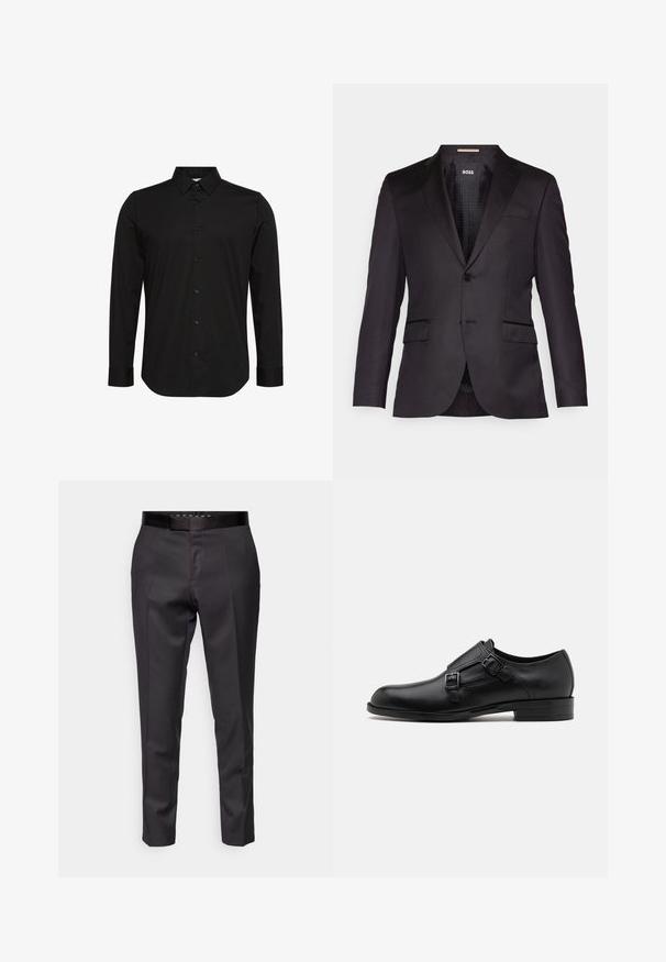 Zwarte op maat gemaakte blazer met een enkele knoopsluiting, gelomde revers, twee voorkezen en een gladde textuur. Gevoerde binnenkant met merketiket.; Zwart lang shirt met lange mouwen van gladde stof, met een spitse kraag, knoopsluiting aan de voorkant en een klein logo op de borst.; Op maat gemaakte zwarte broek met een gladde textuur, taps toelopende pijpen en een slanke tailleband. Heeft voorplooien en een minimalistisch ontwerp.; Zwarte leren dresschoen met dubbele gespen, slank silhouet en ronde neus. Kenmerkt zich door een lage hak en een gladde textuur.
