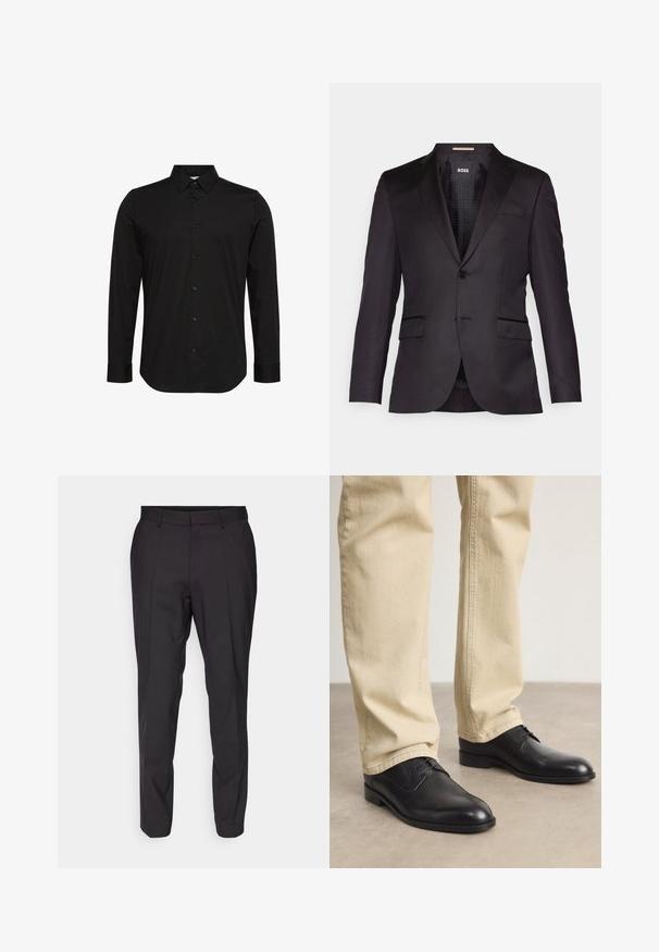 Chaqueta de traje negra a medida con cierre de un solo botón, solapas con muesca, dos bolsillos delanteros y una textura suave. Interior forrado con etiqueta de la marca.; Camisa negra de manga larga hecha de tela suave, con un cuello puntiagudo, cierre frontal con botones y un pequeño logo en el pecho.; Pantalones negros ajustados de corte recto, con un frente plano, pasadores para cinturón y una textura suave. Sin patrones ni acentos visibles.; Zapatos de cuero negro con cordones, puntera redondeada, acabado suave y sutiles detalles de costura, combinados con pantalones de color beige claro.