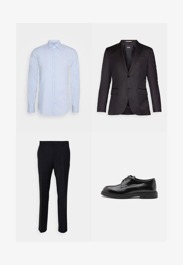 Zwarte op maat gemaakte blazer met een enkele knoopsluiting, gelomde revers, twee voorkezen en een gladde textuur. Gevoerde binnenkant met merketiket.; Lichtblauw langslowel shirt van soepel katoen, met een klassieke kraag, knoopsluiting en subtiele branding op de borst.; Zwarte broeken gemaakt van geweven stof, met een getailleerde pasvorm, een vlakke voorkant, zijzakken en een rechte pijpdesign.; Zwarte leren nette schoen met een gladde afwerking, ronde neus en veters. Heeft een dikke zwarte zool en subtiele stiksels langs de rand.