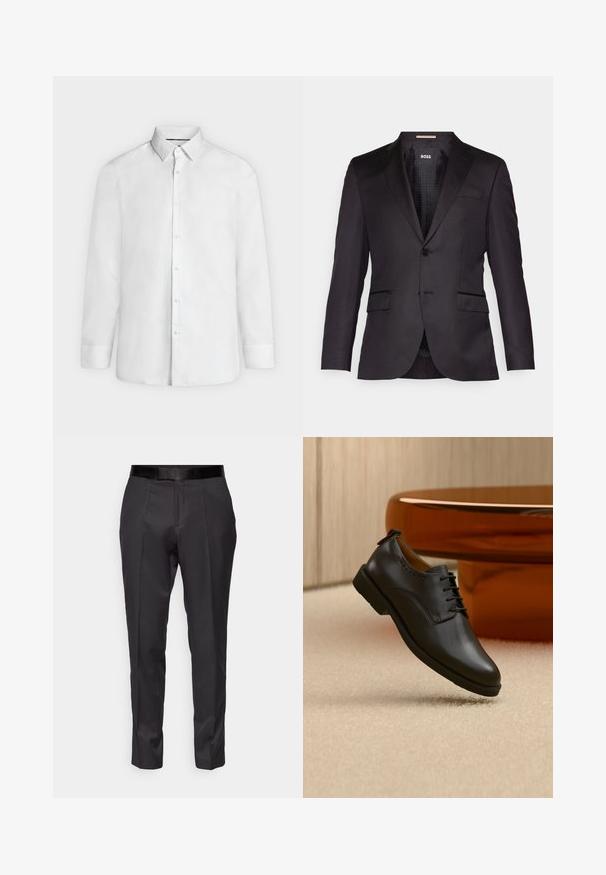 Chaqueta de traje negra a medida con cierre de un solo botón, solapas con muesca, dos bolsillos delanteros y una textura suave. Interior forrado con etiqueta de la marca.; Camisa blanca de vestir de manga larga con cuello abierto y puños abotonados, mostrada de frente sobre un fondo liso gris claro.; Pantalones negros ajustados con un corte slim, frente plano y un brillo sutil. Presentan una cinturilla negra suave y detalles de pliegue a lo largo de las piernas.; Zapato de vestir de cuero negro con cordones, posicionado flotando sobre una alfombra beige claro, mesa redonda naranja al fondo.