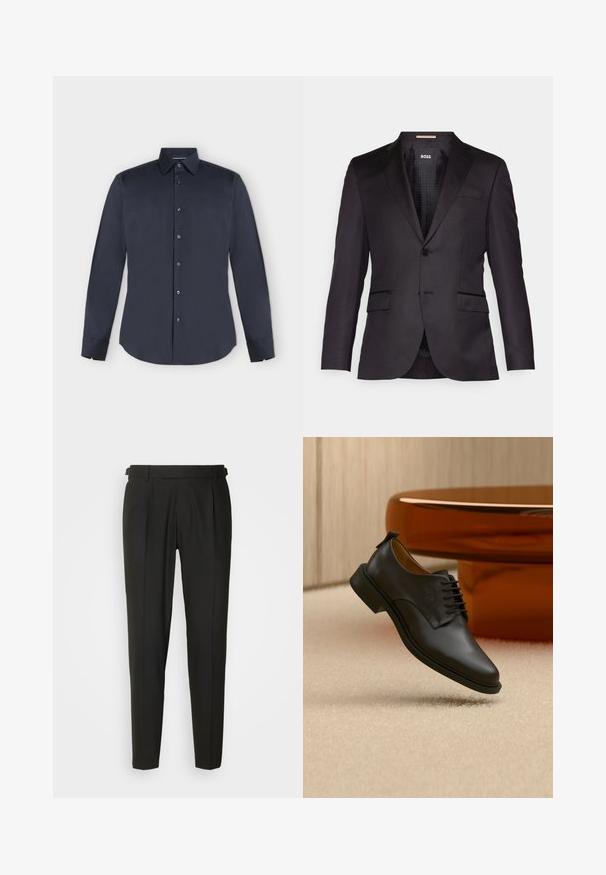 Chaqueta de traje negra a medida con cierre de un solo botón, solapas con muesca, dos bolsillos delanteros y una textura suave. Interior forrado con etiqueta de la marca.; Camisa de vestir para hombre de manga larga en azul marino oscuro con botones, cuello puntiagudo y puños abotonados sobre un fondo gris claro.; Pantalones negros ajustados con frontales lisos, dos pliegues, trabillas para cinturón y diseño de pierna recta. Fabricados con una tela suave y ligera.; Zapato de vestir para hombre de cuero negro con cordones flotando sobre una alfombra beige, con una mesa de café redonda marrón en el fondo.