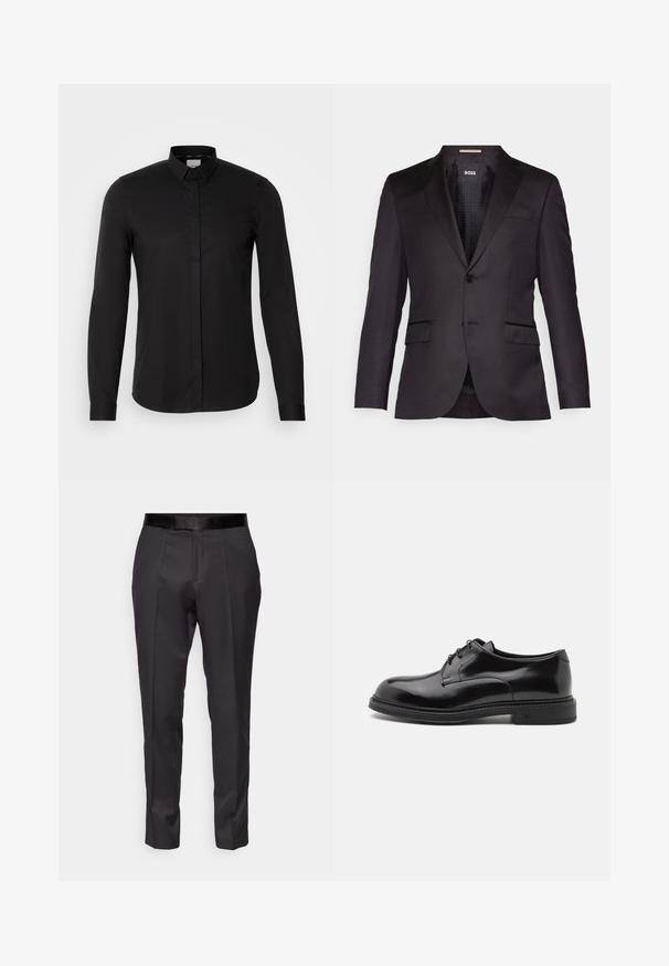 Zwarte op maat gemaakte blazer met een enkele knoopsluiting, gelomde revers, twee voorkezen en een gladde textuur. Gevoerde binnenkant met merketiket.; Zwarte langarmshirt van gladde stof, met een button-down kraag, een voorpannetje en een subtiele logo detail op de borst.; Zwarte op maat gemaakte broek met een slim fit, platte voorkant en subtiele glans. Het heeft een gladde zwarte tailleband en kreukdetails langs de benen.; Zwarte leren nette schoen met een gladde afwerking, ronde neus en veters. Heeft een dikke zwarte zool en subtiele stiksels langs de rand.