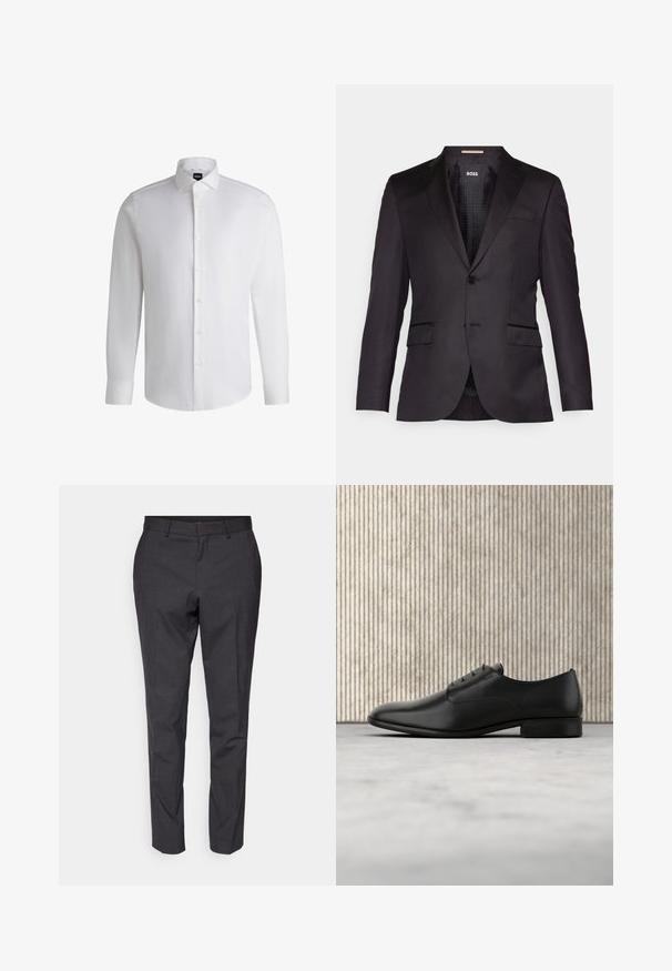 Chaqueta de traje negra a medida con cierre de un solo botón, solapas con muesca, dos bolsillos delanteros y una textura suave. Interior forrado con etiqueta de la marca.; Camisa blanca de manga larga hecha de algodón suave, con un cuello clásico, botonera completa y puños abotonados. Diseño minimalista.; Pantalones grises ajustados con una textura suave, corte slim y piernas entalladas, con un frente plano y lazos para cinturón como detalle adicional.; Zapato de vestir de cuero negro con un diseño elegante, punta redonda, cinco ojales para los cordones y un pequeño tacón elevado. Detalle de logo sutilmente embossado.
