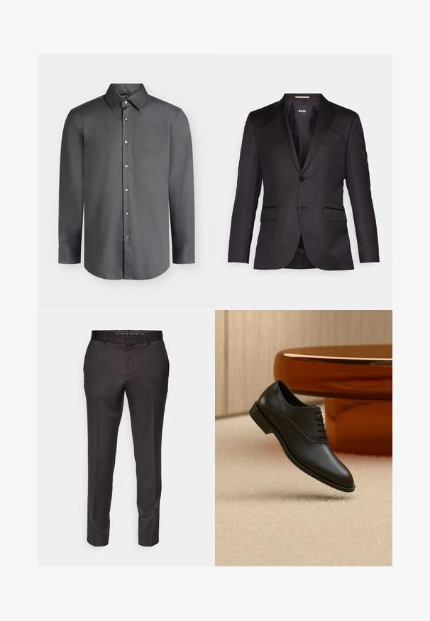Zwarte op maat gemaakte blazer met een enkele knoopsluiting, gelomde revers, twee voorkezen en een gladde textuur. Gevoerde binnenkant met merketiket.; Donkergrijs herenoverhemd met lange mouwen, puntkraag en knopen aan de voorkant, afgebeeld op een lichtgrijze achtergrond.; Maatwerk zwarte broeken met een gladde textuur, gestructureerd ontwerp en voorplooien. Heeft een rechte pijp en een aansluitende tailleband.; Zwarte gepolijste leren veterschoen zweeft boven een beige tapijt, met een grote ronde glazen tafel in amberkleur op de achtergrond.