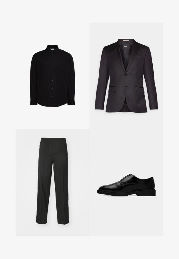 Chaqueta de traje negra a medida con cierre de un solo botón, solapas con muesca, dos bolsillos delanteros y una textura suave. Interior forrado con etiqueta de la marca.; Camisa negra de manga larga con botones, confeccionada en una tela suave. Cuenta con un cuello clásico, tapeta frontal y un pequeño logo en el pecho.; Pantalones negros de tejido elástico, con corte recto, bolsillos con cremallera lateral y una textura suave sin patrones visibles.; Zapato de vestir de cuero negro con un acabado liso, puntera redondeada, diseño de cordones y suela de goma discreta para mayor tracción.