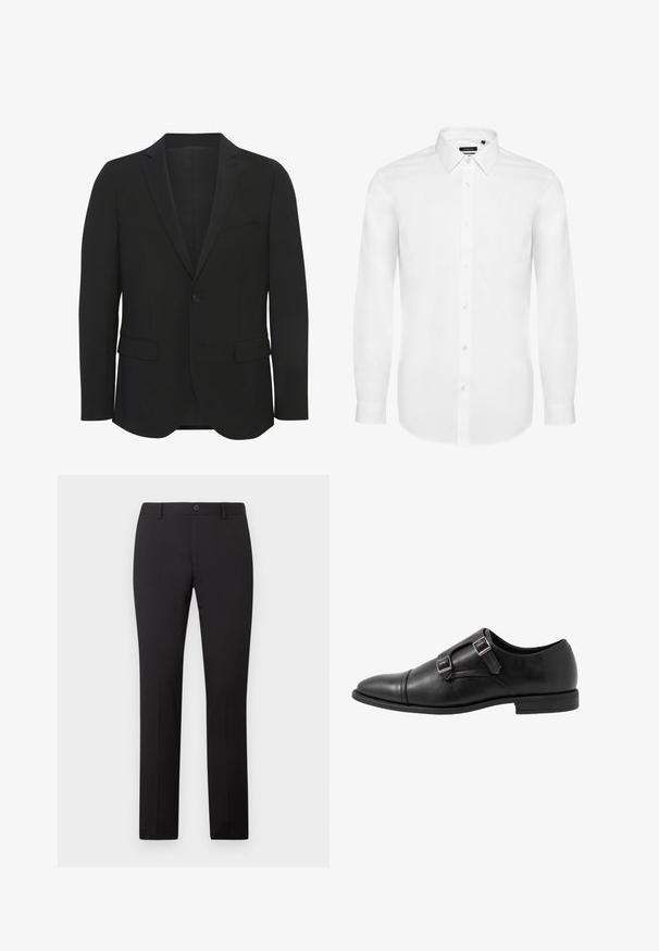 Blazer noir en tissu lisse. Doté de revers en pointe, fermeture à un bouton, deux poches avant et un design ajusté.; Chemise blanche à manches longues en tissu tissé, avec un col à rabat, une patte de boutonnage à l'avant et des manches avec boutons. Design minimal.; Pantalon noir sur mesure avec une coupe droite, doté d'une fermeture à bouton et de passants pour ceinture. Confectionné dans un tissu lisse sans motifs apparents.; Chaussure monk strap en cuir noir avec deux boucles en argent, design à bout capteur, bout rond et semelle en caoutchouc de profil bas. Texture lisse, silhouette élégante.