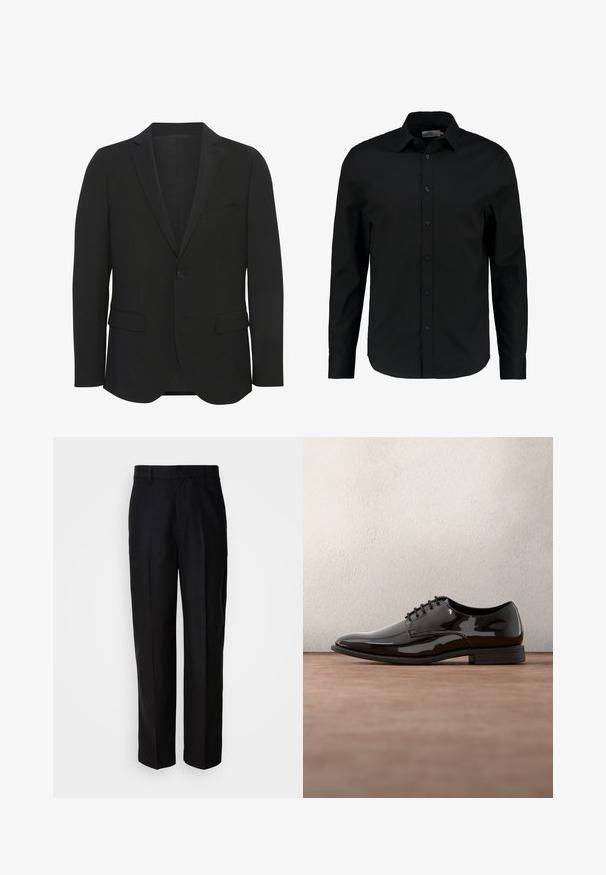 Blazer noir en tissu lisse. Doté de revers en pointe, fermeture à un bouton, deux poches avant et un design ajusté.; Chemise noire à manches longues en tissu lisse, dotée d'un devant à boutons, d'un col pointu et d'une coupe ajustée avec un ourlet courbé.; Pantalon noir en tissu lisse, avec une coupe droite, une taille plate et des passants de ceinture, présenté sur un fond uni.; Chaussure de dress en cuir verni noir avec un bout arrondi, un design à lacets et une surface lisse et brillante. Dispose d'une semelle en caoutchouc discrète.