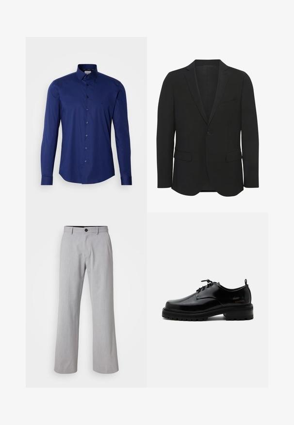 Musthave isane must nähtud looduslikust kangast. Omab teravaid krae, ühte nupuväärist, kahte esistaskut ning kitsast lõiget.; Tumesinine pika varruga särk, mis on valmistatud siledast puuvillast, millel on nööbipluus ja struktureeritud krae, ning rinna lähistel diskreetne logo.; Heledad hallhalli püksid, mis on valmistatud tekstuuriga kangast. Omab vööd, millel on vööaugud, ettepoole asuva nööbiga sulgemise ja kahe küljetaskuga.; Mustast poleeritud nahast paeltega jalanõu paksu kummist tallaga ja madala kontsaga, küljes brändi nimi „SAMSOE“ ning taga tõmbenööriga.