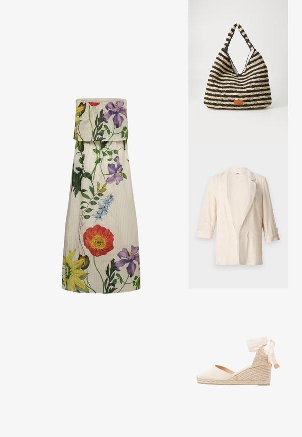 Blazer en lin beige clair avec une coupe décontractée, des revers crantés, des manches trois-quarts et deux poches avant, présentant une finition texturée.; Robe midi bustier couleur crème avec de grandes imprimés floraux rouges, violets, jaunes et bleus accompagnés de vignes feuillues vertes.; Escarpin compensé en toile beige avec un dos texturé, un ruban de cheville crème et une semelle en jute tressé. Bout arrondi avec un léger talon.; Sac tissé rayé en noir et beige, avec un design décontracté, une surface texturée et une petite pièce en cuir en accent.