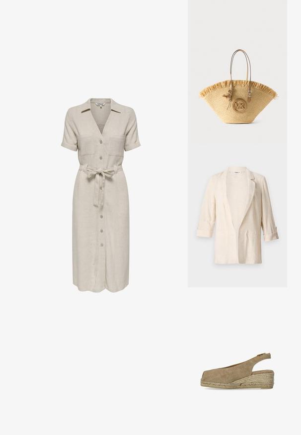 Lichtbeige linnen blazer met een relaxte pasvorm, met notch-kleppen, driekwartmouwen en twee voorzakken, met een gestructureerde afwerking.; Beige linnen jurk met een kraaghalslijn, korte mouwen, twee borstzakken, een tailleband en een knoopsluiting aan de voorkant.; Castañer DOSALIA - Espadrilles - sand; Grote geweven strooien tas met lichtbruine leren handvatten, franjes aan de bovenkant en een ronde MK-logo hanger aan de voorkant.