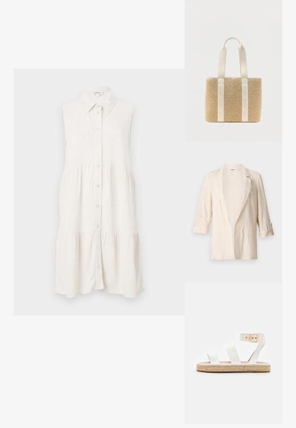 Blazer en lin beige clair avec une coupe décontractée, des revers crantés, des manches trois-quarts et deux poches avant, présentant une finition texturée.; Robe sans manches, à boutons, en lin beige clair, avec un col et une jupe à volants pour un style décontracté. Le tissu texturé ajoute une touche de détail subtil.; Sandale blanche en cuir avec trois larges brides, fermeture à boucle à la cheville et semelle en jute. Design plat avec une texture naturelle.; Sac tote tissé beige avec deux larges anses de couleur blanc cassé, ornées d'un logo "HUGO" embossé.