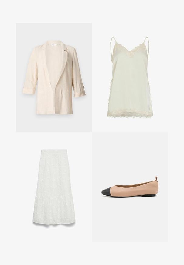 Blazer en lin beige clair avec une coupe décontractée, des revers crantés, des manches trois-quarts et deux poches avant, présentant une finition texturée.; Camisole en satin couleur crème avec bordure en dentelle le long de l'encolure, des côtés et de l'ourlet, avec fines bretelles réglables.; Jupe midi blanche avec taille élastique et délicat motif floral brodé, présentant un volant plissé près de l'ourlet.; Ballerine en cuir avec un corps nude et un bout noir. Présente un design minimal, une texture lisse et une petite boucle au dos pour un enfilage facile.