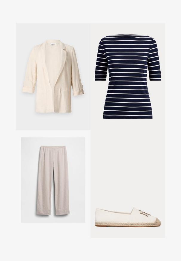 Lichtbeige linnen blazer met een relaxte pasvorm, met notch-kleppen, driekwartmouwen en twee voorzakken, met een gestructureerde afwerking.; Marineblauw overhemd met witte horizontale strepen en ellebooglange mouwen, afgebeeld op een eenvoudige lichte achtergrond.; Lichtbeige loszittende broek met elastische tailleband, rechte pijpen en geen zichtbare zakken, plat liggend tegen een witte achtergrond.; Witte canvas espadrille met geweven jutezool en metalen decoratief embleem aan de voorkant.