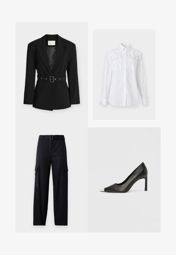Blazer noir sur mesure avec revers crantés, manches longues et ceinture assortie avec boucle en métal rectangulaire à la taille.; Chemise blanche à manches longues, boutonnée, avec un col et deux poches poitrine, chacune ornée d'un noeud décoratif près du haut.; Pantalons cargo noirs avec une coupe droite, dotés de deux poches latérales et d'une ceinture avec une boucle rectangulaire. Texture de tissu lisse.; Chaussure à talon haut en cuir noir avec bout pointu et capuchon argenté métallique. Présente une finition lisse et un talon fin de 10 cm.