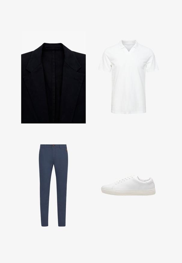 Blazer negro con un diseño clásico de solapa tipo muesca. Presenta hombros estructurados y una textura suave. Detalles minimalistas, sin herrajes visibles.; Camiseta polo blanca de manga corta con un diseño de cuello en V, hecha de tejido suave; presenta un logo sutil en el pecho. Textura suave, ajuste casual.; Pantalones de algodón azul marino con corte slim, con un botón marrón, bolsillos frontales y costuras simples. Textura suave, sin patrones visibles.; Zapatilla de cuero blanco con textura suave, puntera redonda, cierre de cordones y suela de goma plana. Diseño minimalista sin patrones visibles.
