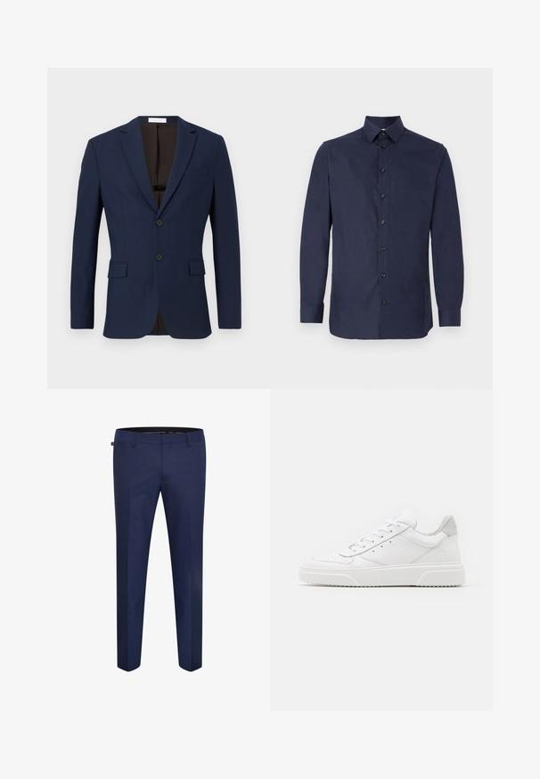 Marineblauer Blazer aus strukturiertem Stoff, ausgestattet mit zwei Vordertaschen, zwei schwarzen Knöpfen und einem braunen Innenfutter.; Marineblaue Knopfleiste-Hemd aus glattem Stoff, mit klassischem Kragen, langen Ärmeln und sieben schwarzen Knöpfen vorne.; Marineblaue maßgeschneiderte Hose aus einem glatten Stoff, mit schmaler Passform und flacher Vorderseite ohne sichtbare Taschen oder Verzierungen.; Weiße Leder-Sneaker mit glatter Oberfläche, rundem Zehenbereich, flachen Schnürsenkeln und strukturiertem Schuhsohlen. Graues Wildleder-Detail an der Ferse.