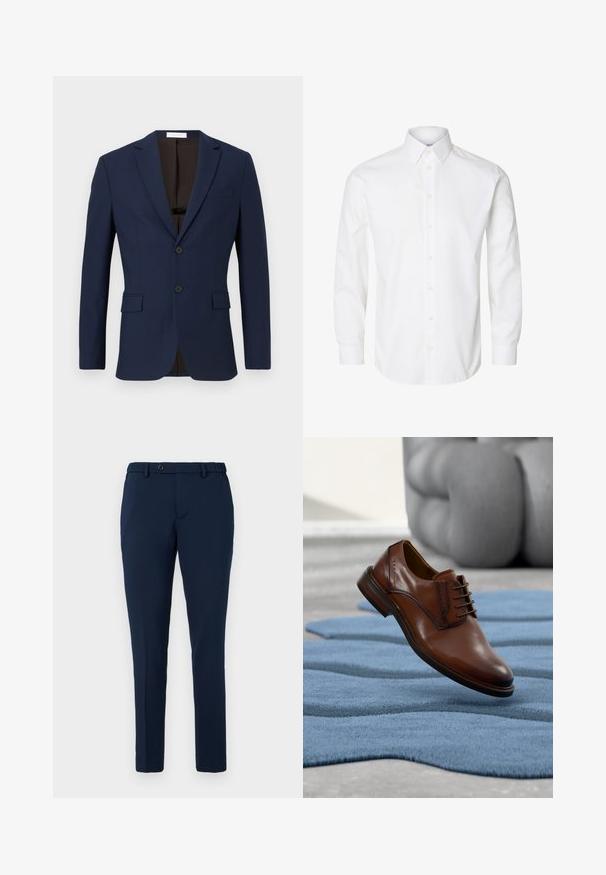 Blazer bleu marine en tissu texturé, doté de deux poches avant, de deux boutons noirs et d'une doublure intérieure brune.; Chemise blanche à manches longues avec boutons, col pointu, boutons visibles sur le devant et poignets fermés par des boutons.; Pantalons slim fit bleu marine avec passants de ceinture, fermeture à bouton et taille élastiquée, présentés sur fond blanc.; Chaussure habillée en cuir marron avec lacets posée sur un tapis bleu texturé, avec un canapé gris flou en arrière-plan.