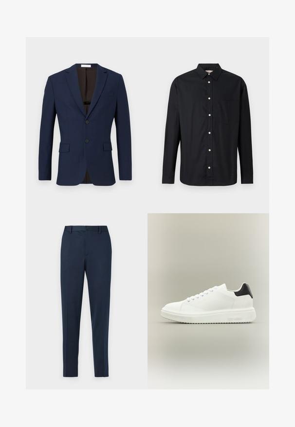 Blazer azul marino hecho de tela texturizada, con dos bolsillos frontales, dos botones negros y un forro interior marrón.; Camisa negra de manga larga con botones, cuello y bolsillo en el pecho, exhibida sobre un fondo claro.; Pantalones de vestir azul marino con corte recto, con cierre de botón y trabillas para el cinturón. Hechos de una tela suave y ligera.; Zapatilla blanca de caña baja con suela gruesa, cierre de cordones en la parte delantera y lengüeta negra en el talón, con la marca "Steve Madden" en la suela lateral.