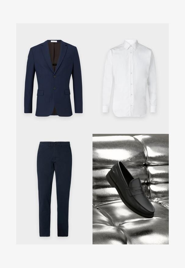 Navyblauwe blazer van gestructureerde stof, met twee voorkruiszakken, twee zwarte knopen en een bruine binnenvoering.; Witte overhemd met lange mouwen van soepel katoen, met een klassieke kraag en een subtiele glans. Vijf knopen aan de voorkant.; Heren slim-fit zwarte broek met knoop- en ritsluiting aan de voorkant, riemlussen en zijzakken.; Zwarte leren mocassins met een gladde textuur, voorzien van stikdetails en een klassiek ontwerp, gepresenteerd tegen een metalen, glanzende achtergrond.