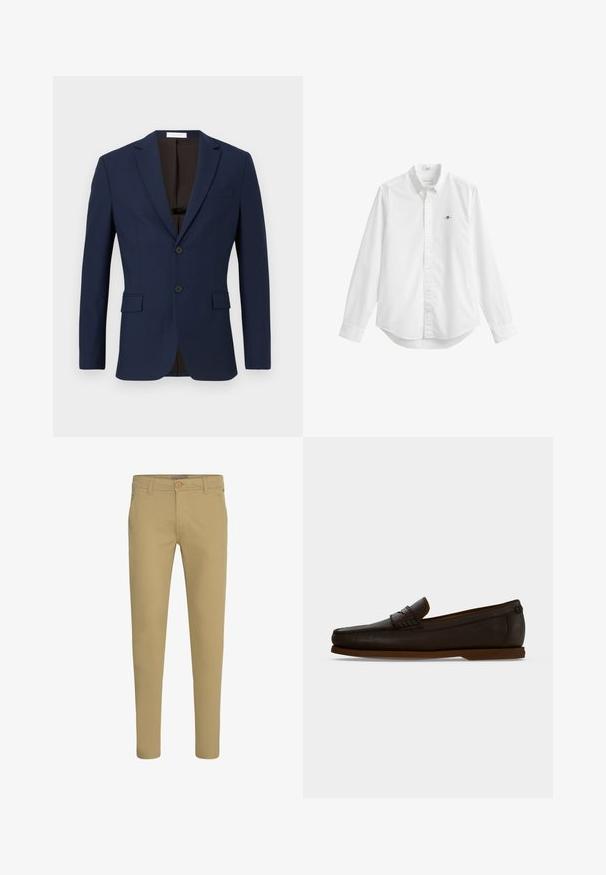 Blazer bleu marine en tissu texturé, doté de deux poches avant, de deux boutons noirs et d'une doublure intérieure brune.; Chemise blanche à manches longues avec col, boutons sur le devant et petit logo brodé sur la poitrine gauche.; Chinos beige slim-fit avec fermeture par bouton et zip, poches avant inclinées et passants de ceinture, présentés sur fond blanc.; Mocassin en cuir marron foncé avec semelle plate et détail de bride tissée sur le dessus, montré de profil sur un fond uni.