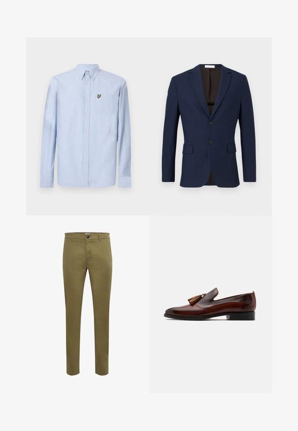Blazer bleu marine en tissu texturé, doté de deux poches avant, de deux boutons noirs et d'une doublure intérieure brune.; Chemise à manches longues bleu clair avec col button-down, poche avant et logo brodé. Fabriquée en tissu de coton texturé.; Chinos vert olive en tissu coton doux, avec une coupe droite, fermeture à bouton, passants de ceinture, et poches latérales et arrière.; Mocassin en cuir marron avec une finition lisse, détail de frange à l'avant et un petit talon noir. Présente une silhouette élégante et épurée.