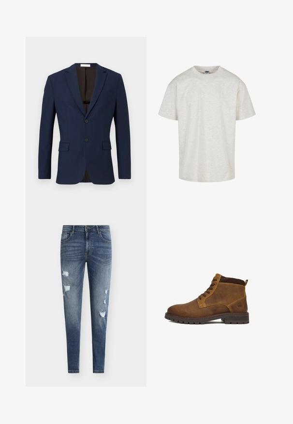 Blazer bleu marine en tissu texturé, doté de deux poches avant, de deux boutons noirs et d'une doublure intérieure brune.; T-shirt en coton gris clair à manches courtes, avec un col rond et une coupe décontractée. Tissu texturé avec un motif chiné subtil.; Jean en denim bleu coupe skinny avec détails usés, multiples déchirures et effet délavé. Comprend une conception à cinq poches et des passants pour ceinture.; Bottes courtes en cuir marron à finition lisse, lacets, semelle robuste et col en tissu marron texturé. Dispose d'un logo sur le côté.