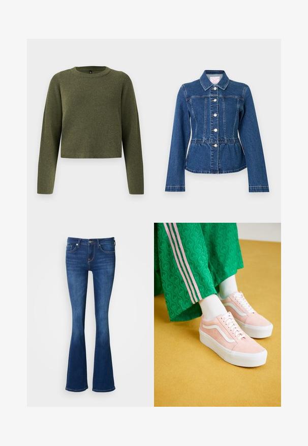 Veste en denim bleu foncé avec une taille cintrée, des manches longues, un col pointu et quatre boutons métalliques sur le devant. Présente des coutures horizontales.; Pull vert court avec des manches longues, en tissu tricoté texturé. Présente un col rond et un design minimaliste.; Jean évasé en denim bleu foncé. Taille mi-hauteur avec un design à cinq poches et des détails de couture subtils. Texture douce, ajusté au niveau de la cuisse.; Baskets en daim rose avec des accents blancs et des semelles blanches épaisses, associées à un pantalon vert à motifs avec des bandes latérales roses.
