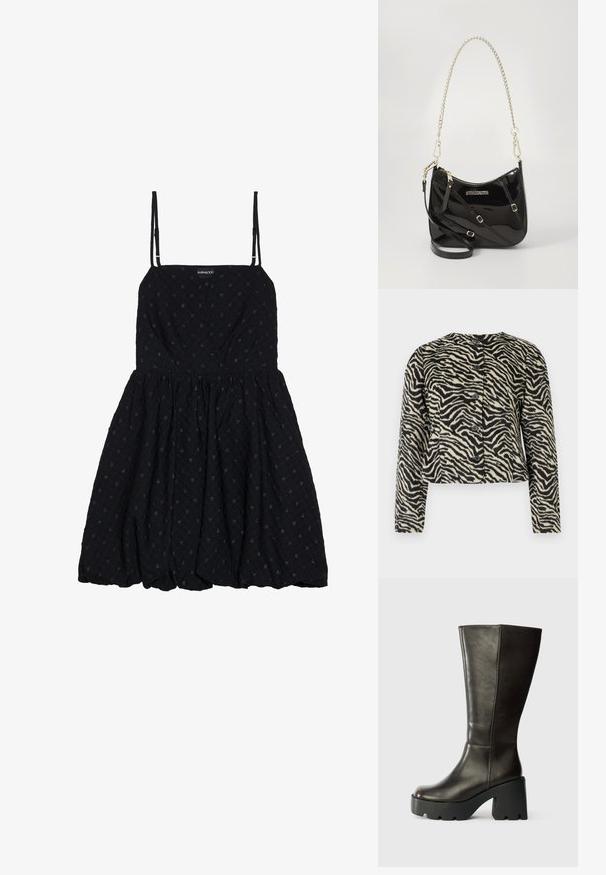 Kort jakke med zebra-mønster i creme og sort, med fire knapper foran, lange ærmer og et blødt tekstureret stof.; Even&Odd by Zalando Cocktailkjole / festkjole - black; Brune læderknæhøje støvler med rund tå, tyk sort platform og blokhæl. Har en glat overflade og minimale syninger.; Sort patentlæder crossbody taske med en buet form, sølv kædestrop, hardware i guld-tone og justerbar skulderstrop.