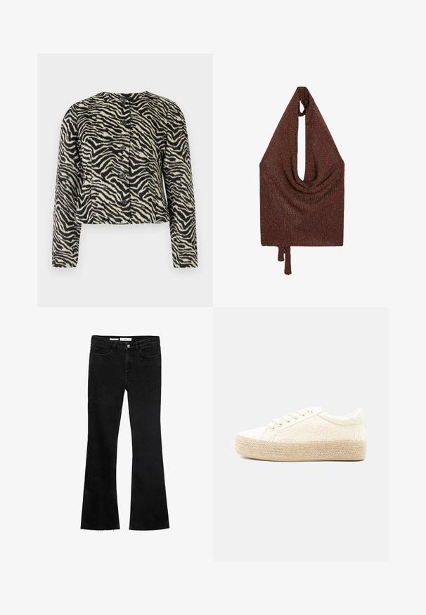 Kort jakke med zebra-mønster i creme og sort, med fire knapper foran, lange ærmer og et blødt tekstureret stof.; Brun strikket haltertop med draperet halsudskæring og bindedetaljer i bunden, vist på en hvid baggrund.; Sorte flared jeans i et blødt stof med en rå kant, der har to frontlommer og en knappelukning med lynlås.; Hvid lavt snørestøvle med blomstret snørestof og fletvævet jutesål med platform, snørelukning, sidevisning på bleg baggrund.
