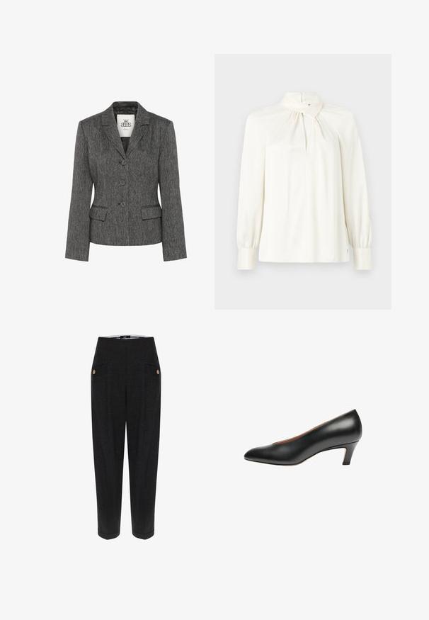 Blazer gris con una tela texturizada, cierre de un botón, ajuste entallado, solapas con muesca y dos bolsillos frontales. Interior forrado.; Blusa de manga larga y cuello alto en color crema, fabricada en una tela suave. Presenta un detalle fruncido en el escote y mangas abullonadas.; Pantalones negros a medida con un tejido texturizado, que presentan bolsillos frontales, acentos de botones en tono dorado y una silueta ajustada.; Zapato de tacón negro de cuero con punta afilada y tacón de altura media. Textura suave con un diseño minimalista y sin adornos visibles.