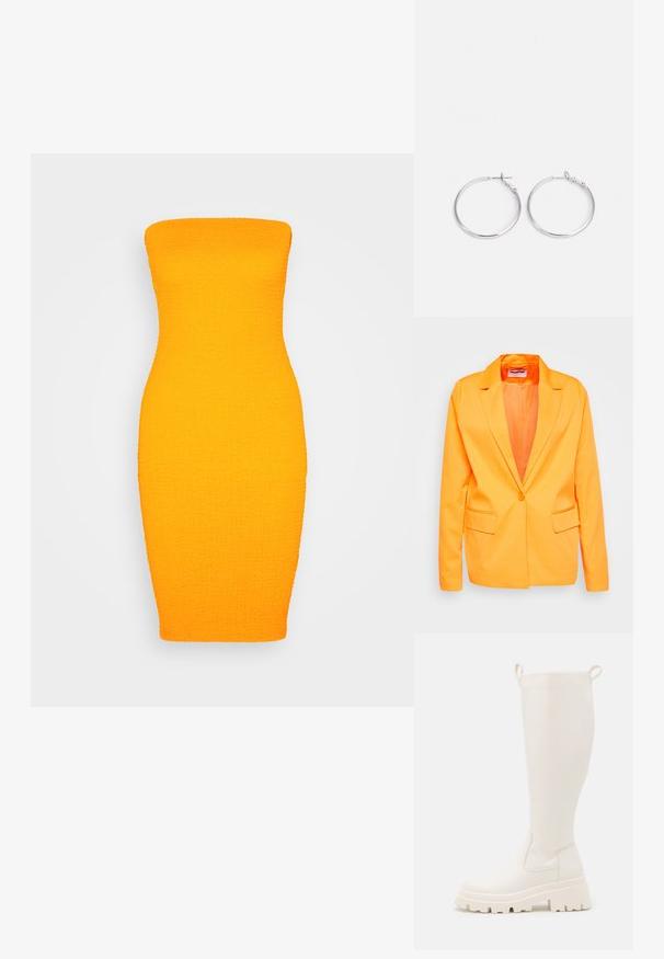 Noisy May NMTHEA - Blazer - vibrant orange; Even&Odd Robe fourreau - orange; Bottes en caoutchouc blanches jusqu'aux genoux avec une semelle épaisse et des panneaux élastiques sur les côtés. Elles sont dotées de languettes en haut pour un enfilage facile. Texture lisse.; sweet deluxe EARRING - Boucles d'oreilles - silver-coloured