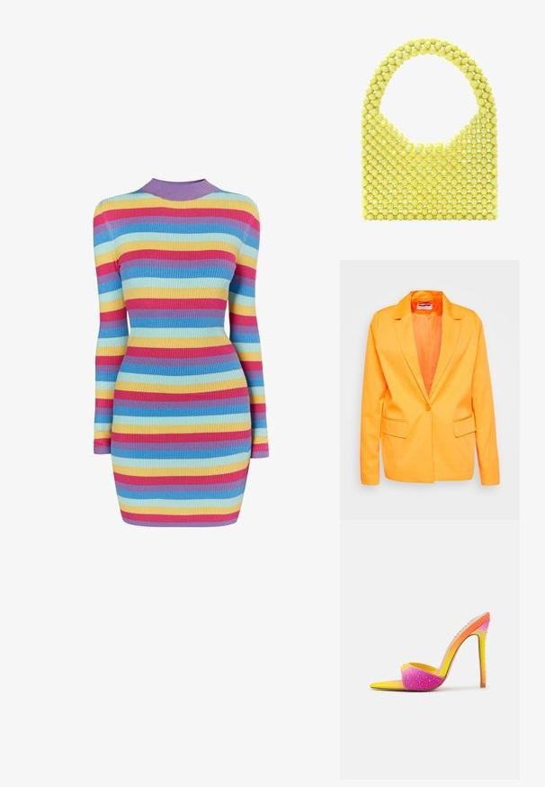 Noisy May NMTHEA - Blazer - vibrant orange; Ribbet strikket kjole med lange ærmer, der har vandrette striber i pink, gul, blå og lilla. Høj hals med ribbet kant. Tætsiddende silhuet.; Simmi London FRANCA - Mules med hæl - pink/yellow; myMo at night Håndtasker - gelb